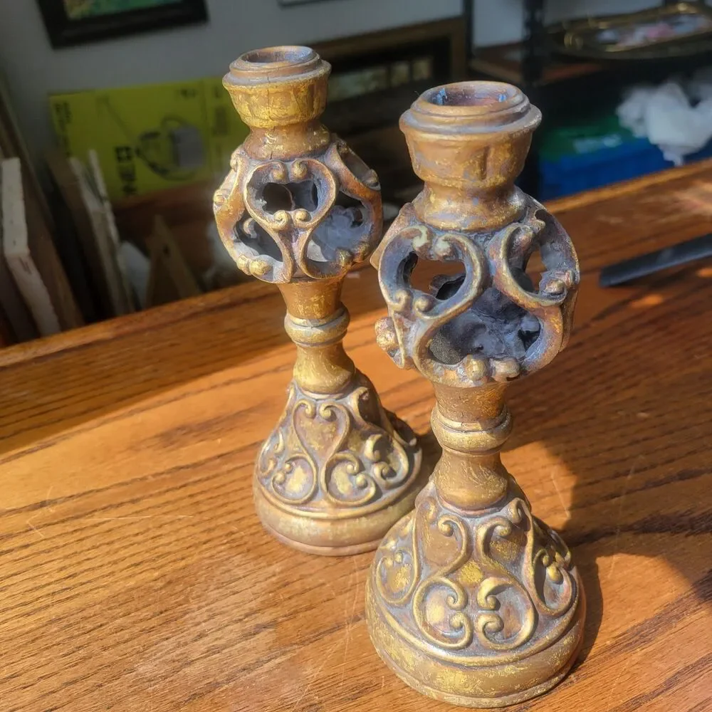 Ornate Candle Scroll Holder Gold Tone  Beige Resin 8 Inches Tall Par Lot Of 2 VG